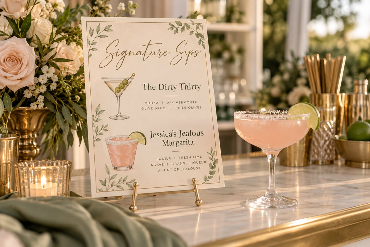 A personalized printed drink menu with custom cocktail names
